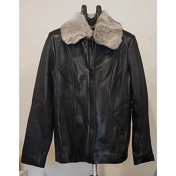Jones New York Black Leather Jacket With Faur Trim Size M - Picture 1 of 9